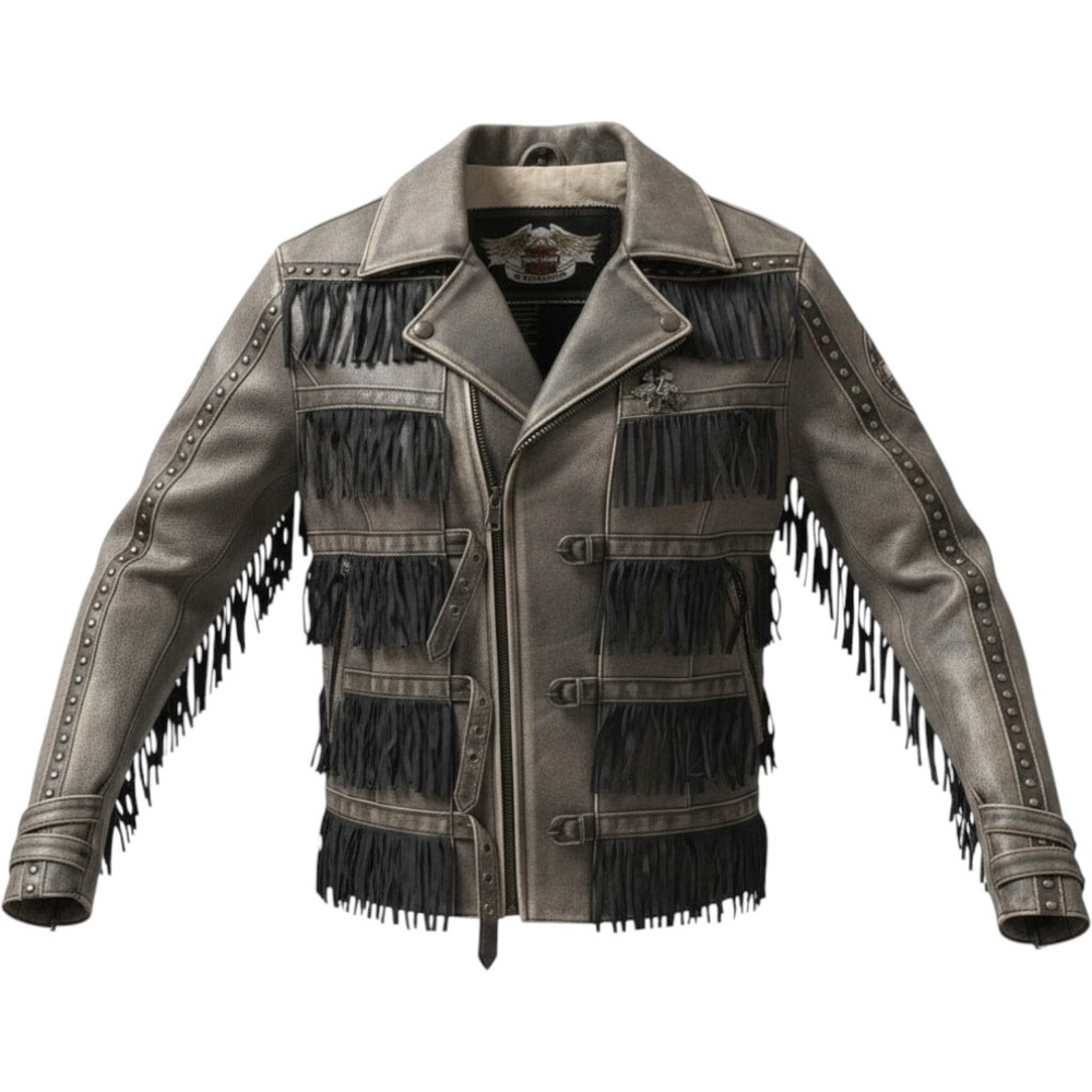 Harley-Davidson Distressed Gray Leather Fringe Studded Biker Jacket Large